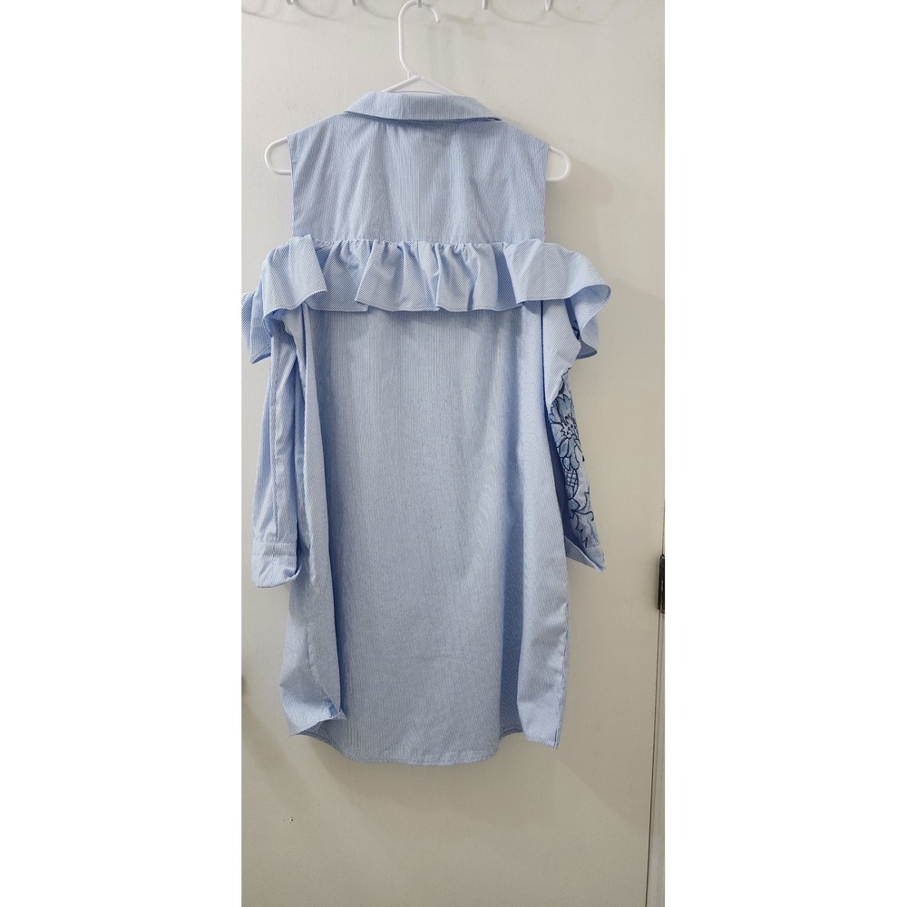 Label by 5 Twelve Blue White Pinstripe Cold Shoulder Ruffle Shirt Dress Size 12 - Picture 8 of 9